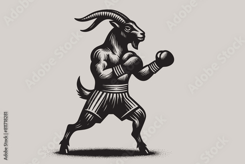 Goat boxer.  Old vintage engraving illustration. Hand drawn outline graphic. Logo, emblem, icon. Isolated object, cut out. black and white	