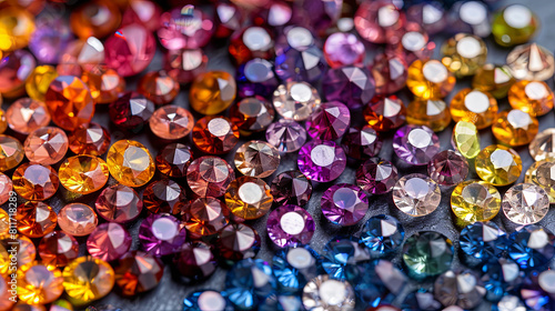 A bunch of colorful gems are spread out on a surface