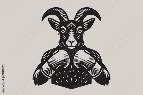 Goat boxer.  Old vintage engraving illustration. Hand drawn outline graphic. Logo, emblem, icon. Isolated object, cut out. black and white	