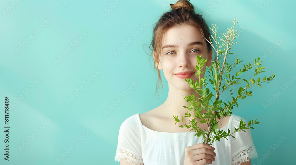 A girl smiling while holding tree sapling in green background A girl smiling while holding tree sapling in green background