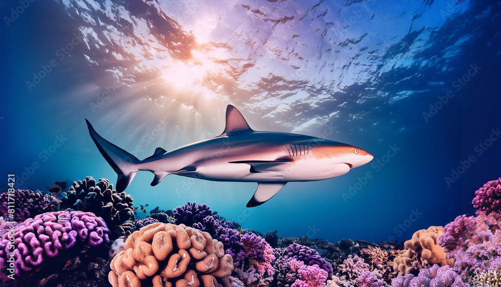 custom made wallpaper toronto digital太陽に照らされるサンゴが綺麗な深海のサメ