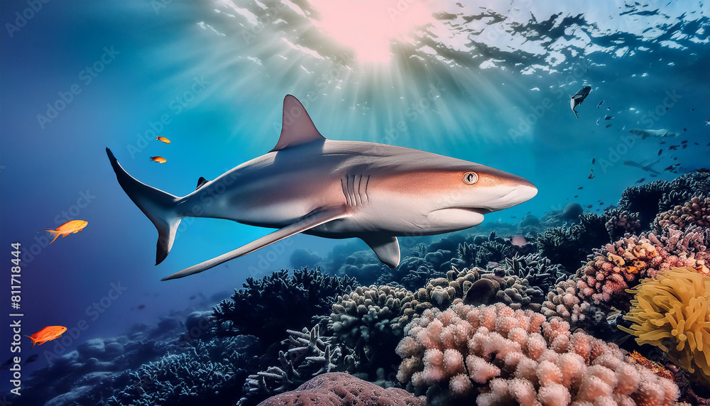 Fototapeta premium 太陽に照らされるサンゴが綺麗な深海のサメ
