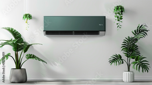 An air conditioner installed on a dark green wall complements the indoor plants in the room	 photo