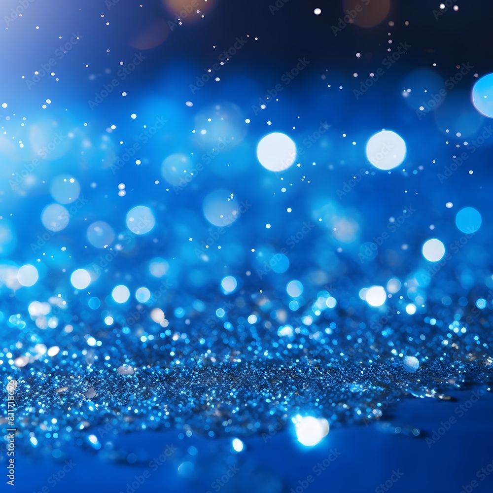 Sapphire blue glitter background with bokeh lights. Generative AI.