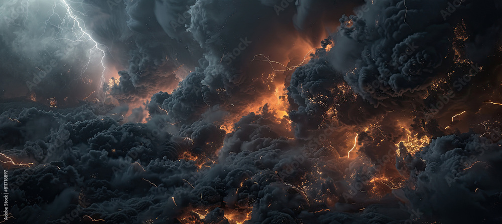 Black storm clouds with lightnings and smoke Black storm clouds with lightnings and smoke