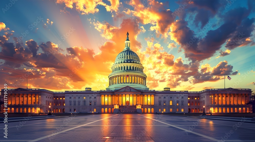Fototapeta premium Dramatic Sunset over Iconic Government Building, Majestic Skies and Architecture, Ideal for Political Themes and Travel Brochures. AI