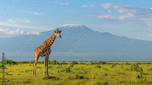 Giraffe at kenya national park with mount kilimanjaro in the background, africa scene