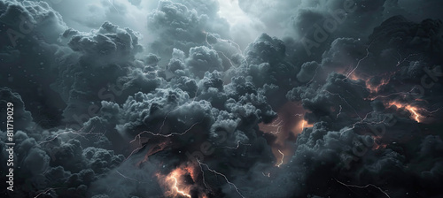 Black storm clouds with lightnings and smoke