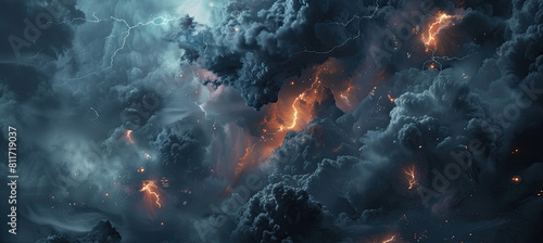 Black storm clouds with lightnings and smoke