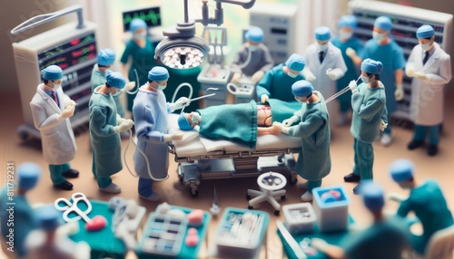 Miniature figures depicting a scene in the surgical room and intensive care unit of a hospital. With surgeons and nurses.