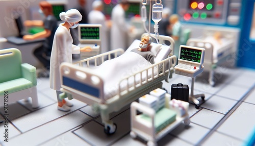 Miniature figures depicting a scene in the surgical room and intensive care unit of a hospital. With surgeons and nurses.
