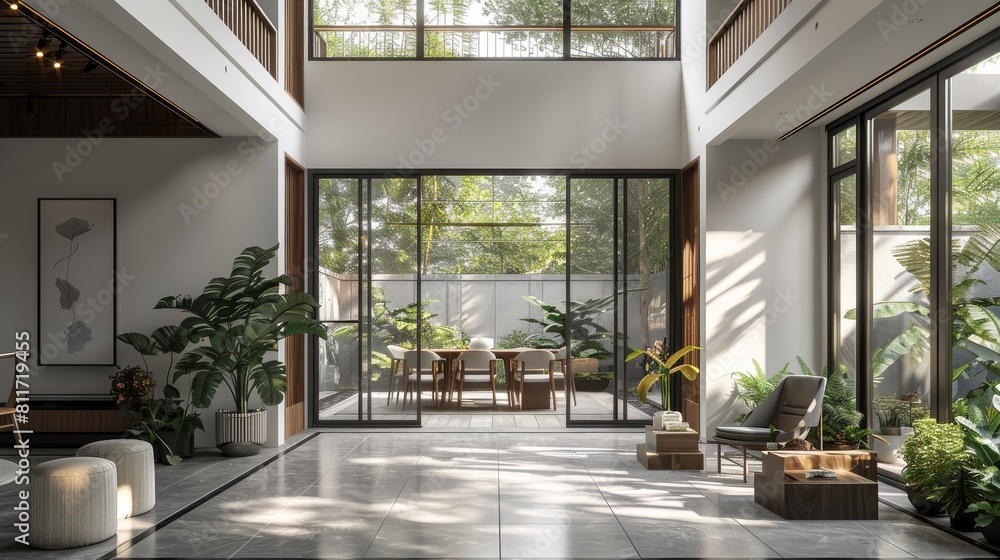 A Chinese style courtyard house with white walls and black tiles, floor-to-ceiling windows, a dining table, chairs, coffee tables, and plants. Generative AI. A Chinese style courtyard house with white walls and black tiles, floor-to-ceiling windows, a dining table, chairs, coffee tables, and plants. Generative AI.
