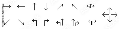 Shopping Mall, public place icons set. Set of direction arrows. Modern linear outline vector. Left and right navigation signage. Up and down information boards. Graphics pictograms sign.