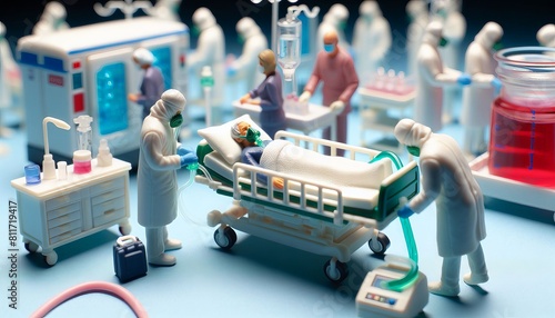 Miniature figures depicting a scene in the surgical room and intensive care unit of a hospital. With surgeons and nurses.