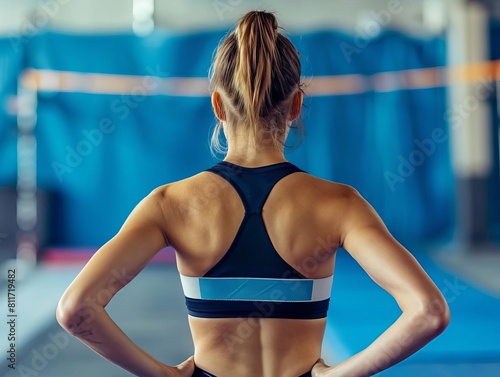 Young female athlete in black sports bra standing with her back to the camera, looking out at the track.