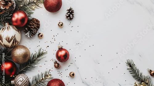 a white background adorned with sparkling Christmas ornaments. Image very colorful and copyspace © Susana