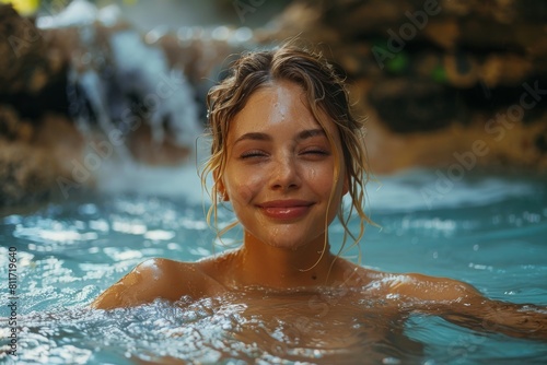 Content woman closes her eyes  smiling as water droplets splash her face at a tropical waterfall