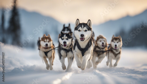 Siberian Husky dog team pulling sled 