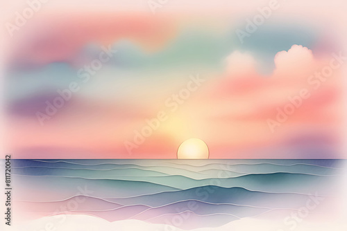 Watercolor painting of a bright sunset over a calm ocean. The sky was ablaze with streaks of orange, pink, and purple, and the water reflected the bright colors of the sunset.