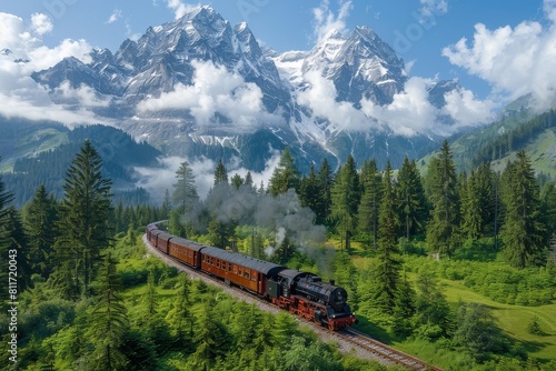 A breathtaking view of a vintage train traveling through lush greenery with towering, snow-capped mountains in the background