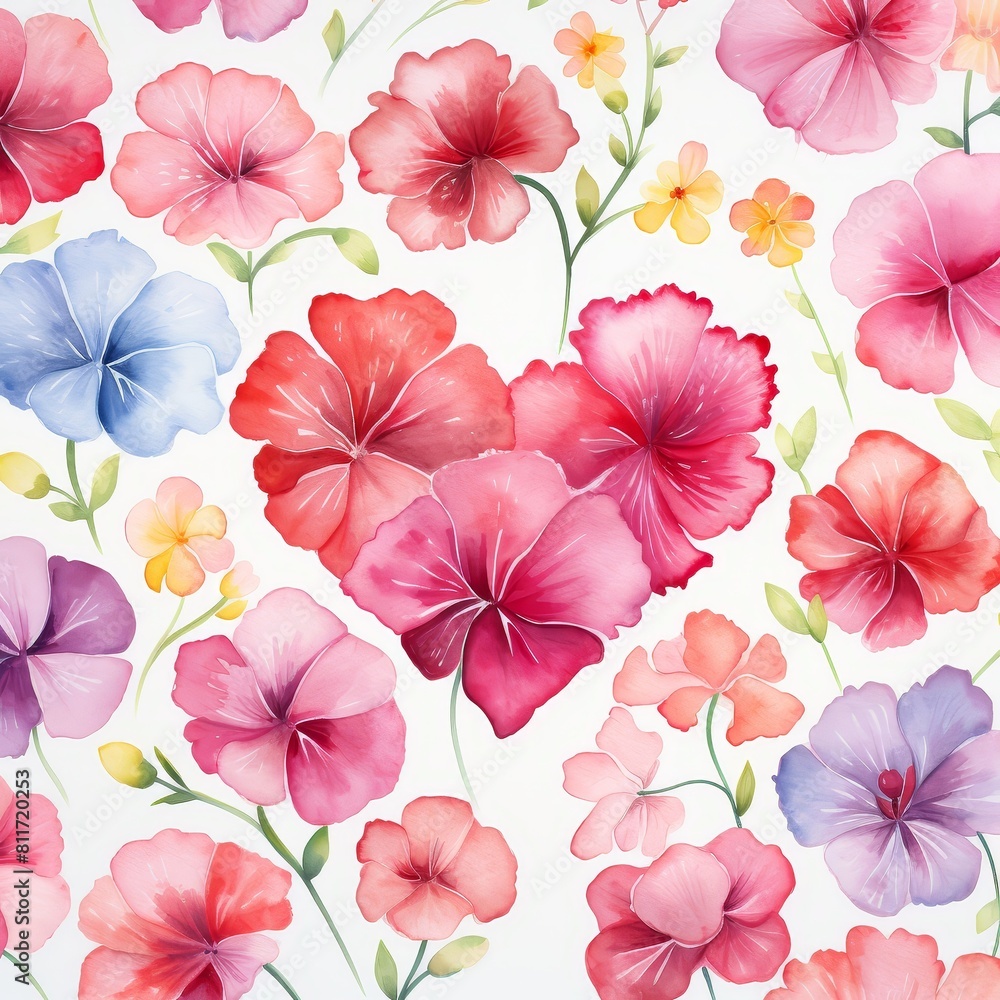 A beautiful floral pattern with a heart-shaped bouquet of flowers in the center. The flowers are pink, red, purple, and blue, with green leaves. The background is white.