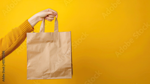 Female hold in hand brown clear empty blank craft paper bag for takeaway isolated on bright yellow background. 