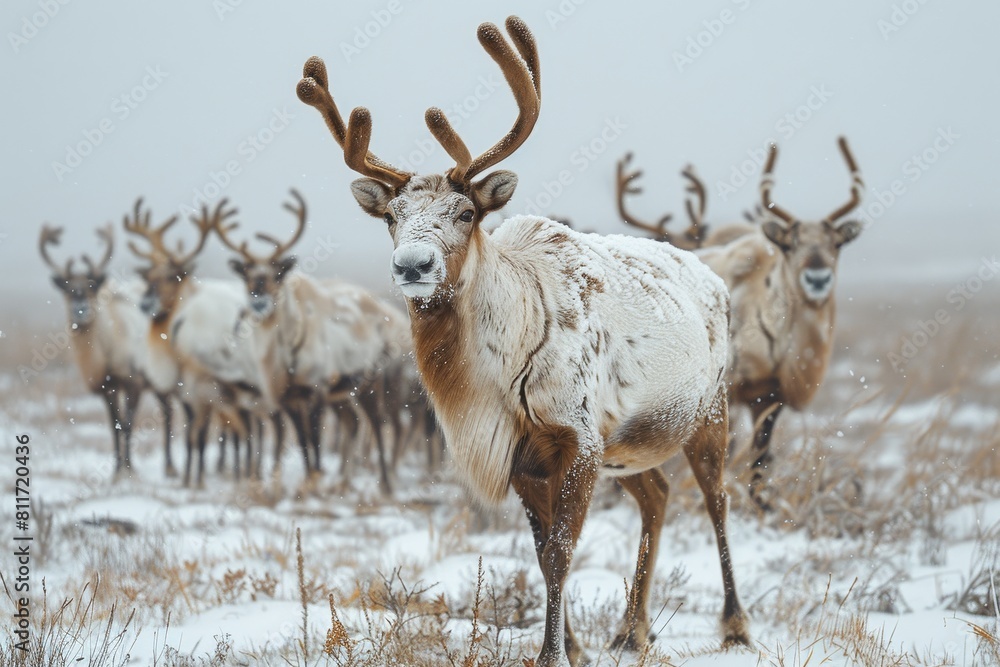 A stunning wildlife scene displaying a herd of reindeer with one in focus, against the snowy backdrop of a winter landscape A stunning wildlife scene displaying a herd of reindeer with one in focus, against the snowy backdrop of a winter landscape