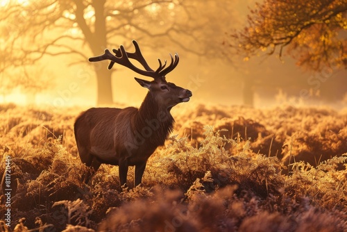 Red Deer in morning Sun   red deer stag in the forest   Ai generated