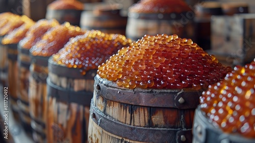 A red caviar in barrels is realistic. Generative AI. photo