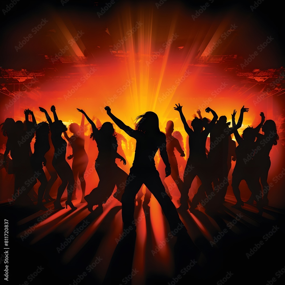 Silhouette of people dancing on a dance floor. Generative AI. Silhouette of people dancing on a dance floor. Generative AI.