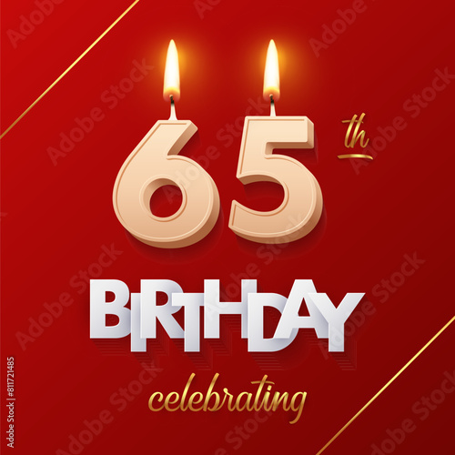 Birthday 65 number candles with fire for anniversary vector illustration. 3D realistic beige wax numbers twenty with candlelight, white and gold font on red background for invitation, greeting card