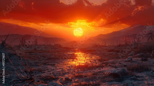 A sunset over a desert landscape with a river in the foreground