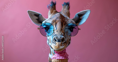Stylish Giraffe Enjoying Ice Cream in Sunglasses. Generated by AI © Avelino
