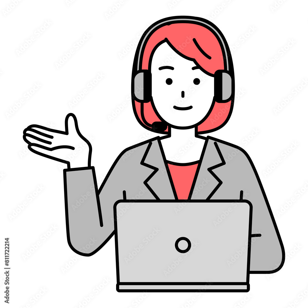 案内するノートパソコンで仕事をしているオペレーターの女性