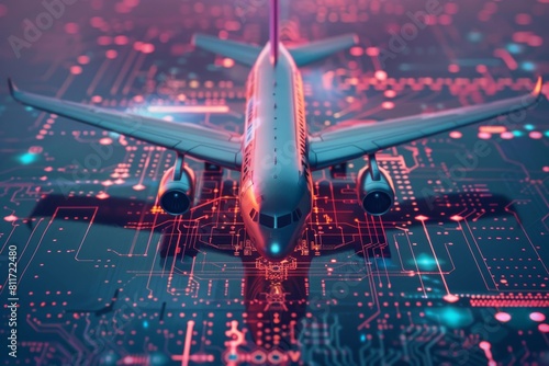 Exploring the potential of digital replicas in aviation tech: image of a microchip with an aircraft and futuristic features