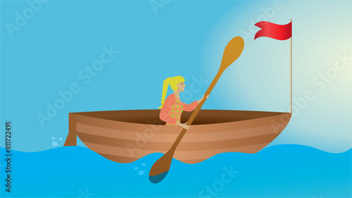 Woman, girl in rowing boat. Dimension 16:9. Vector illustration.