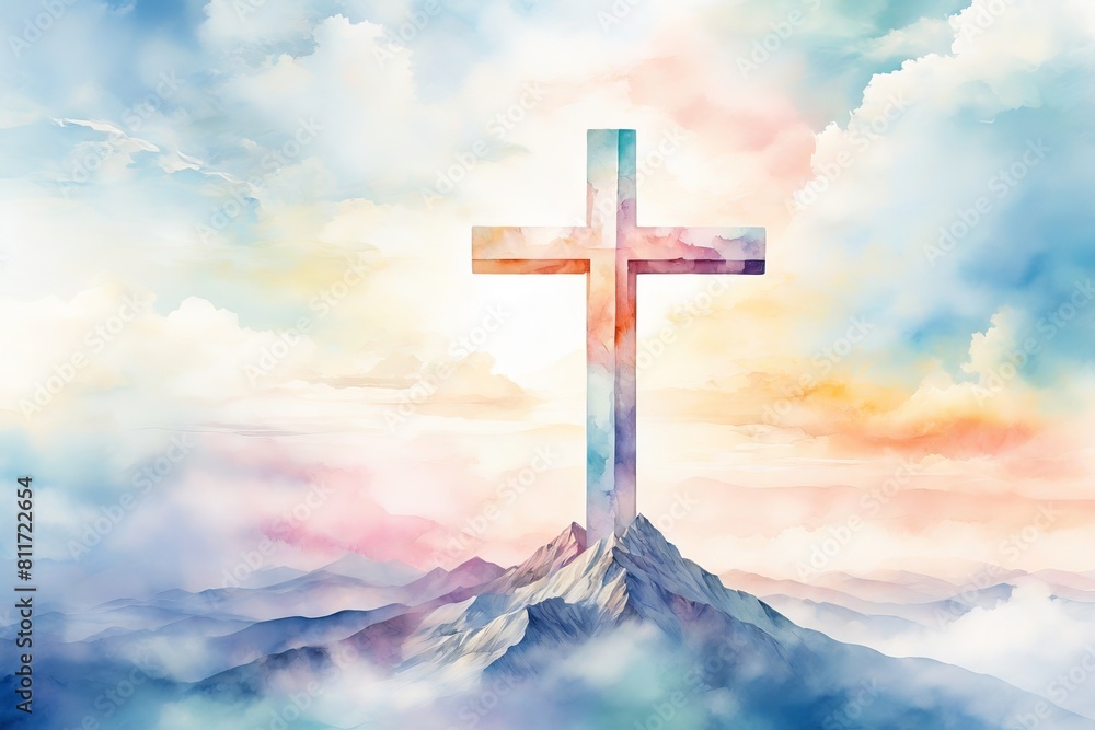Obraz premium Abstract Christian watercolor painting background with the depiction of a cross over the mountain and copy space to add text