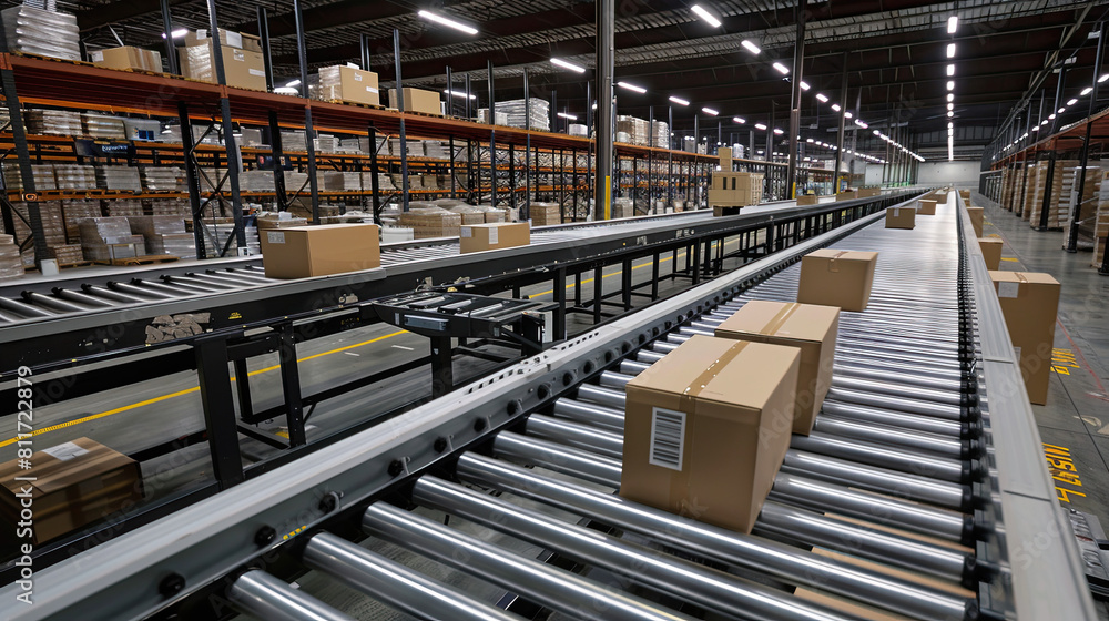 Cardboard box packages moving along a conveyor belt in a warehouse a fulfillment center