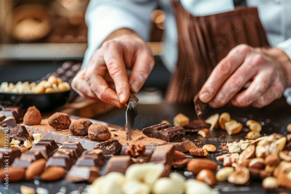 A skilled chocolatier delicately cuts up a decadent piece of chocolate with a knife, ensuring precision and care in the crafting process. A skilled chocolatier delicately cuts up a decadent piece of chocolate with a knife, ensuring precision and care in the crafting process.