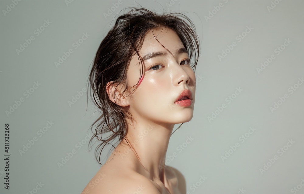Sophisticated Korean Beauty with Wet Hair Look and Luminous Skin, Perfect for Beauty and Fashion Editorial Sophisticated Korean Beauty with Wet Hair Look and Luminous Skin, Perfect for Beauty and Fashion Editorial