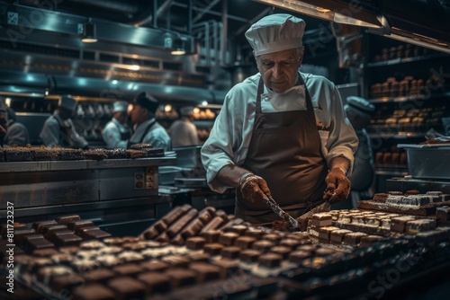 A talented chocolatier delicately prepares an array of delectable treats in a bustling kitchen filled with an abundance of fresh ingredients.