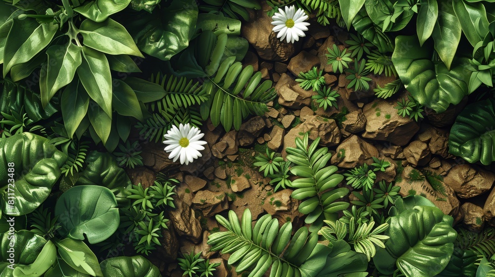 Fototapeta premium A top-down view of a beautiful, verdant jungle ground with a few ferns, two white flowers, a few small rocks, and a few vines. Generative AI.