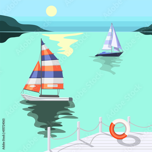 Sea evening landscape with yachts and pier.Vector illustration of a sea harbor for summer travel designs.