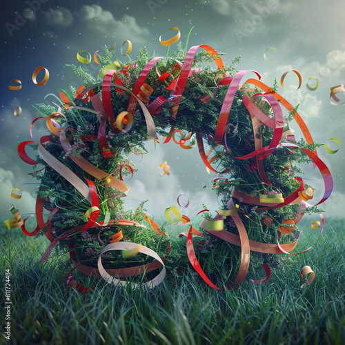 Otherworldly grass scene with a surreal Memorial Day wreath and floating ribbons. photo