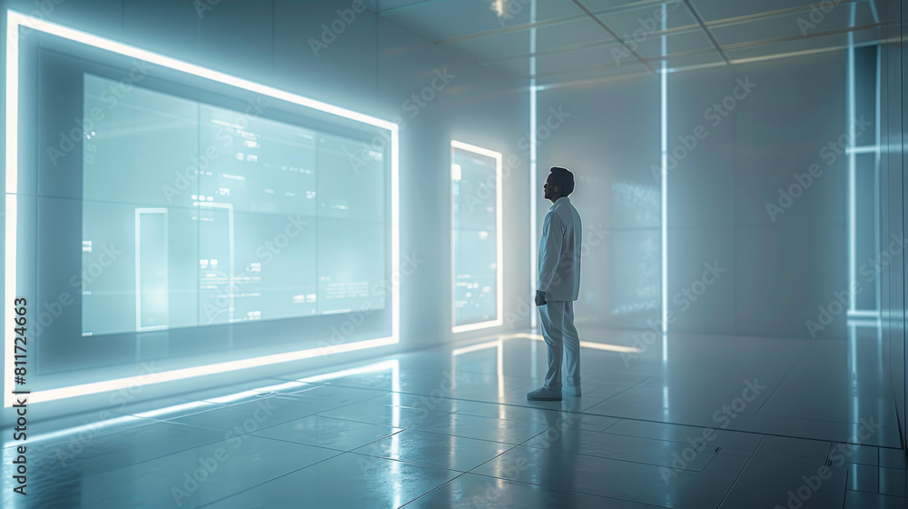 A business man is using a few screen to presenting , high technology, white and minimalist, futuristic. Generative AI. A business man is using a few screen to presenting , high technology, white and minimalist, futuristic. Generative AI.