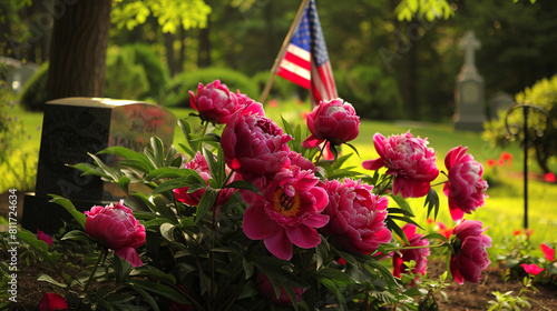 Peonies and a flag by a veteran's grave in a lush botanical landscape  Memorial Day. photo