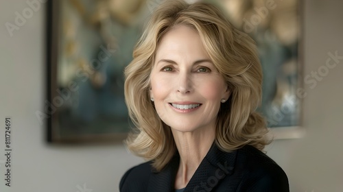 Free Download Elegant professional woman smiling confidently at the camera. Portrait for business or editorial use. Simple, classic style. AI - GFXLoad