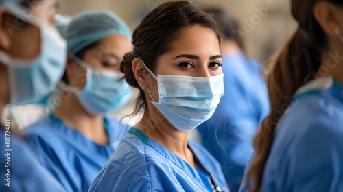 Confident healthcare professional in focus. Medical staff in scrubs and masks. Portrait of a female nurse at work. Healthcare industry representation. AI
