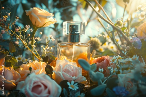 Seductive cologne scent mesmerizes through the glass, blending with bergamot in an evocative essence that reflects modern perfume tastes photo