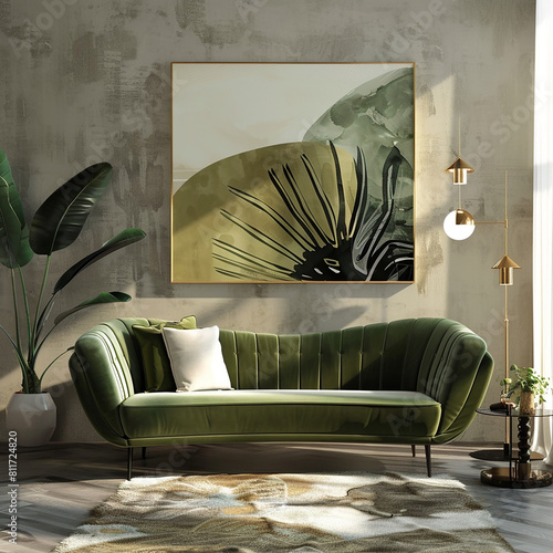 Stylish and elegant living room interior with mint sofa, pillow, coffee table, sculpture, flowers and personal accessories. Eucalyptus color concept. Design living room. Mockup map